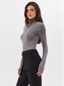 KÆRIA Hus Fitted Roll Neck Top - Comfort Stretch Contour - Heather Grey - Elegant, Casual, Layering, Workwear - Grey - View 1