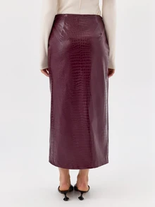 KÆRIA Hus Asymmetric Belted Wrap Midi Skirt -  Embossed PU - Burgundy - Elegant, Luxury, Formal, Modern - Burgundy - View 2