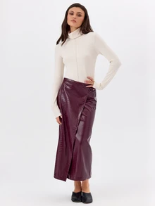 KÆRIA Hus Asymmetric Belted Wrap Midi Skirt -  Embossed PU - Burgundy - Elegant, Luxury, Formal, Modern - Burgundy - View 5