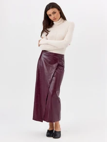 KÆRIA Hus Asymmetric Belted Wrap Midi Skirt -  Embossed PU - Burgundy - Elegant, Luxury, Formal, Modern - Burgundy - View 7