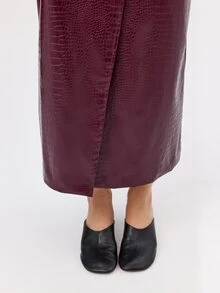 KÆRIA Hus Asymmetric Belted Wrap Midi Skirt -  Embossed PU - Burgundy - Elegant, Luxury, Formal, Modern - Burgundy - View 6