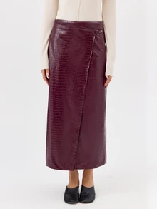 KÆRIA Hus Asymmetric Belted Wrap Midi Skirt -  Embossed PU - Burgundy - Elegant, Luxury, Formal, Modern - Burgundy - View 4