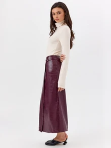 KÆRIA Hus Asymmetric Belted Wrap Midi Skirt -  Embossed PU - Burgundy - Elegant, Luxury, Formal, Modern - Burgundy - View 3