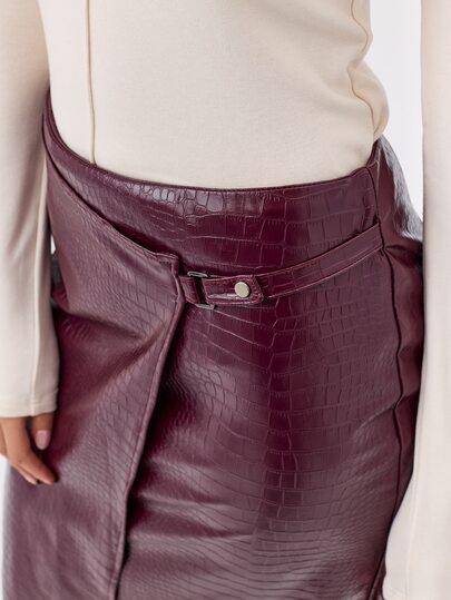 KÆRIA Hus Asymmetric Belted Wrap Midi Skirt -  Embossed PU - Burgundy - Elegant, Luxury, Formal, Modern
