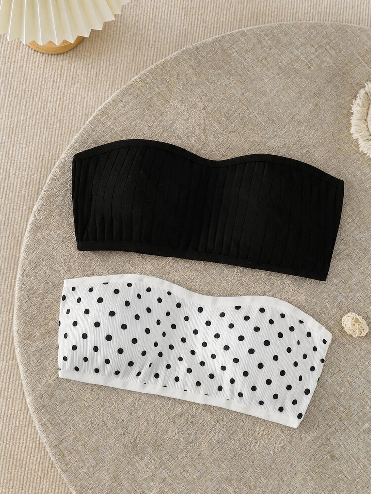 SHEIN Tween Girls Casual Polka Kids Dot Black Knit Tube Top Pcs - Black and White - View 1