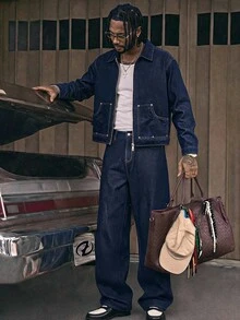 AXEPEAK Men's High Street Washed Blue Denim Jacket And Pants Casual Set - Blue - View 12