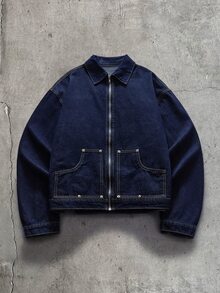 AXEPEAK Men's High Street Washed Blue Denim Jacket And Pants Casual Set - Blue - View 4