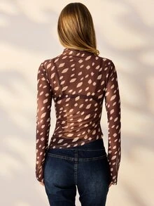Aralina ABSTRACT SPOT RUFFLE BUTTON THRU LONG SLEEVE TOP - Brown - View 6