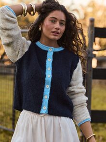 Aralina Cardigan Rajut Kasual Wanita Lengan Panjang Kerah Bulat Kancing Tunggal dengan Warna Kontras - MultiWarna - View 5