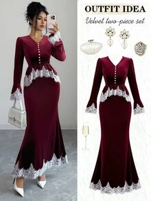 Elenzga طقم أنيق من قطعتين بأسلوب إلهة فرنسي عتيق فاخر للخريف/الشتاء، جديد بتصميم رقعات مزين بحواف الدانتيل من المخمل باللون البرغندي - عنابي اللون - مشاهدة 3