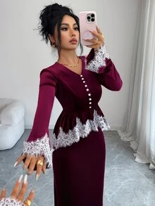 Elenzga طقم أنيق من قطعتين بأسلوب إلهة فرنسي عتيق فاخر للخريف/الشتاء، جديد بتصميم رقعات مزين بحواف الدانتيل من المخمل باللون البرغندي - عنابي اللون - مشاهدة 5