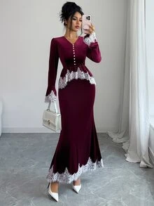 Elenzga طقم أنيق من قطعتين بأسلوب إلهة فرنسي عتيق فاخر للخريف/الشتاء، جديد بتصميم رقعات مزين بحواف الدانتيل من المخمل باللون البرغندي - عنابي اللون - مشاهدة 7