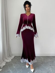 Elenzga طقم أنيق من قطعتين بأسلوب إلهة فرنسي عتيق فاخر للخريف/الشتاء، جديد بتصميم رقعات مزين بحواف الدانتيل من المخمل باللون البرغندي - عنابي اللون - مشاهدة 4