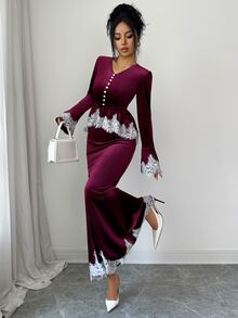 Elenzga طقم أنيق من قطعتين بأسلوب إلهة فرنسي عتيق فاخر للخريف/الشتاء، جديد بتصميم رقعات مزين بحواف الدانتيل من المخمل باللون البرغندي - عنابي اللون - مشاهدة 6