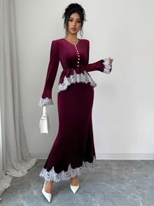 Elenzga طقم أنيق من قطعتين بأسلوب إلهة فرنسي عتيق فاخر للخريف/الشتاء، جديد بتصميم رقعات مزين بحواف الدانتيل من المخمل باللون البرغندي - عنابي اللون - مشاهدة 8