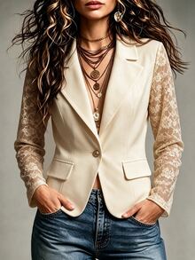 Breezaya Long Sleeve Daily Commute Party Elegant Business Casual Luxury Lace Patchwork Blazer Vest Set Solid Color Beige Women's Thin Jacket Dinner Fall - Apricot - View 1