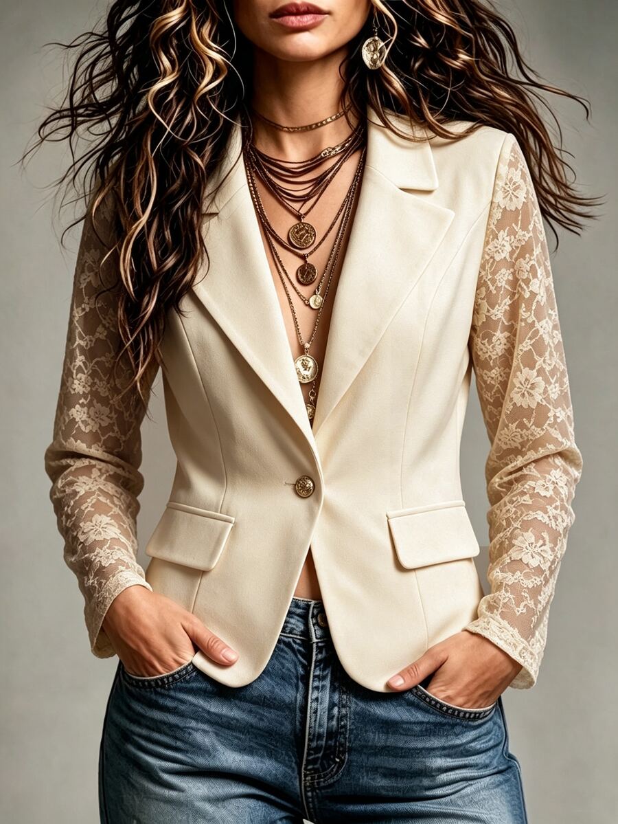 Breezaya Long Sleeve Daily Commute Party Elegant Business Casual Luxury Lace Patchwork Blazer Vest Set Solid Color Beige Women's Thin Jacket Dinner Fall - Apricot - View 1