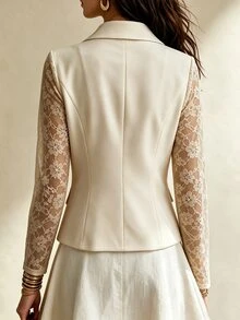 Breezaya Long Sleeve Daily Commute Party Elegant Business Casual Luxury Lace Patchwork Blazer Vest Set Solid Color Beige Women's Thin Jacket Dinner Fall - Apricot - View 2