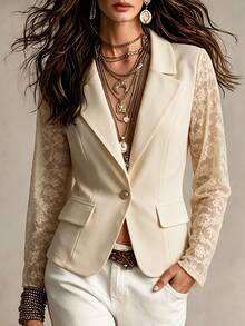 Breezaya Long Sleeve Daily Commute Party Elegant Business Casual Luxury Lace Patchwork Blazer Vest Set Solid Color Beige Women's Thin Jacket Dinner Fall - Apricot - View 4