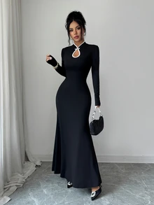 SHEIN Elenzya Fall Clothes For Women Black Mandarin Collar Keyhole Cutout Long Sleeve Fitted Mermaid Dress - Black - View 1