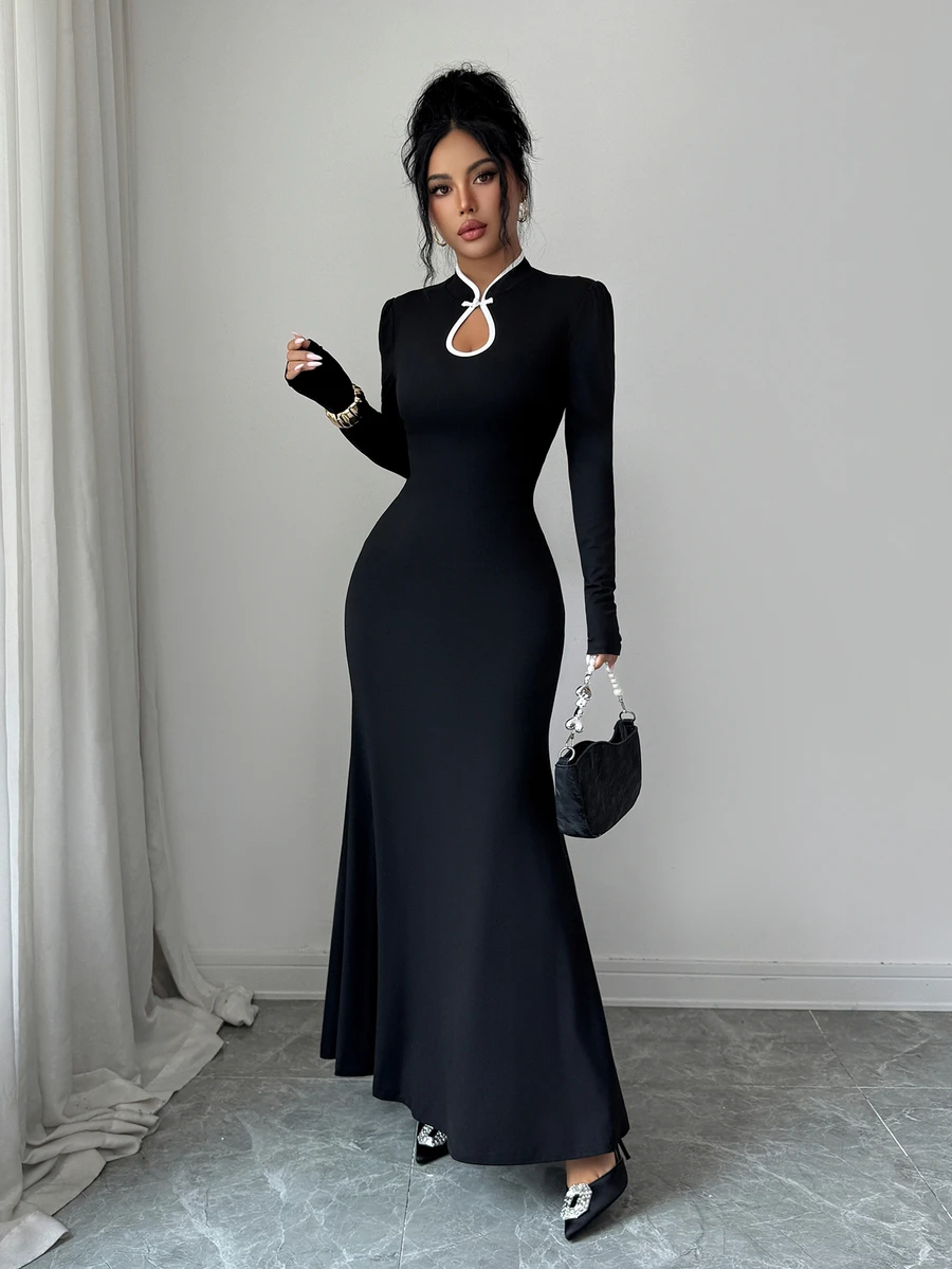 SHEIN Elenzya Fall Clothes For Women Black Mandarin Collar Keyhole Cutout Long Sleeve Fitted Mermaid Dress - Black - View 1