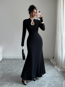 SHEIN Elenzya Fall Clothes For Women Black Mandarin Collar Keyhole Cutout Long Sleeve Fitted Mermaid Dress - Black - View 6