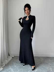 SHEIN Elenzya Fall Clothes For Women Black Mandarin Collar Keyhole Cutout Long Sleeve Fitted Mermaid Dress - Black - View 4