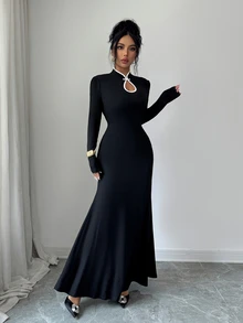SHEIN Elenzya Fall Clothes For Women Black Mandarin Collar Keyhole Cutout Long Sleeve Fitted Mermaid Dress - Black - View 3