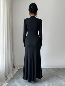 SHEIN Elenzya Fall Clothes For Women Black Mandarin Collar Keyhole Cutout Long Sleeve Fitted Mermaid Dress - Black - View 2