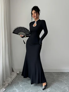 SHEIN Elenzya Fall Clothes For Women Black Mandarin Collar Keyhole Cutout Long Sleeve Fitted Mermaid Dress - Black - View 5