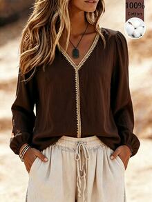 Holdful Holdful Fashionable New Casual Autumn Lace Patchwork Contrast Color Long Sleeve V-Neck Women's Blouse - Coffee Brown - View 1