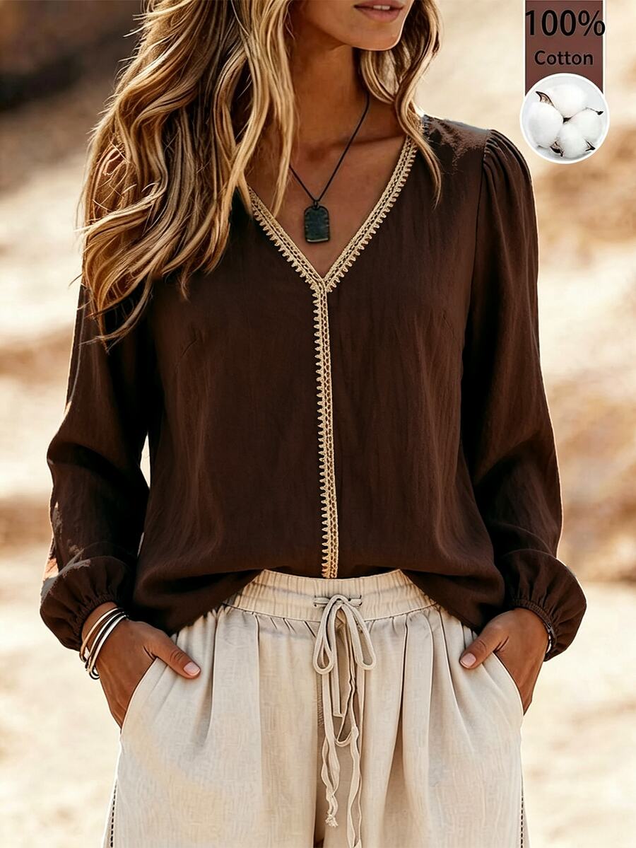 Holdful Holdful Fashionable New Casual Autumn Lace Patchwork Contrast Color Long Sleeve V-Neck Women's Blouse - Coffee Brown - View 1