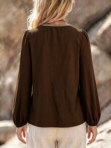 Holdful Holdful Fashionable New Casual Autumn Lace Patchwork Contrast Color Long Sleeve V-Neck Women's Blouse - Coffee Brown - View 2