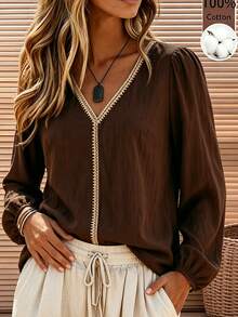 Holdful Holdful Fashionable New Casual Autumn Lace Patchwork Contrast Color Long Sleeve V-Neck Women's Blouse - Coffee Brown - View 4