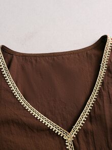 Holdful Holdful Fashionable New Casual Autumn Lace Patchwork Contrast Color Long Sleeve V-Neck Women's Blouse - Coffee Brown - View 5