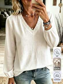 Zayélia All White Traceable Cotton Delicate Ruffle V-Neck Long Sleeve Loose Fit Casual Commute Daily Comfortable Style Autumn Winter Women's Blouse - White - View 3