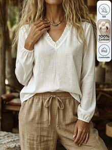 Zayélia All White Traceable Cotton Delicate Ruffle V-Neck Long Sleeve Loose Fit Casual Commute Daily Comfortable Style Autumn Winter Women's Blouse - White - View 5