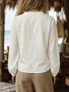 Zayélia All White Traceable Cotton Delicate Ruffle V-Neck Long Sleeve Loose Fit Casual Commute Daily Comfortable Style Autumn Winter Women's Blouse - White - View 2