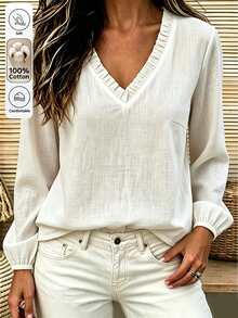 Zayélia All White Traceable Cotton Delicate Ruffle V-Neck Long Sleeve Loose Fit Casual Commute Daily Comfortable Style Autumn Winter Women's Blouse - White - View 4