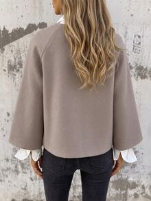 Balvessa Elegant Casual Loose Short Wool Blend Women's Top, Autumn Winter Spring, Raglan Sleeves, Round Neck - Khaki - View 3