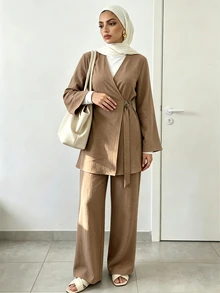 Celisse طقم أحادي اللون بتصميم بسيط وأنيق، ملابس يومية راقية وناعمة مع إبزيم معدني زخرفي أنيق وبسيط - بني - مشاهدة 6