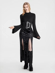 Breakform Women's Gothic Dark Style Half-High Neck Asymmetrical Flared Long Sleeve T-Shirt, Autumn/Winter Thick Ribbed Knit Slim Fit Flattering Versatile Base Layer T-Shirt - Black - View 3