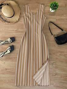 INAWLY Women's Striped Waist Tie Casual Daily Summer Travel Dress - Brown - View 2