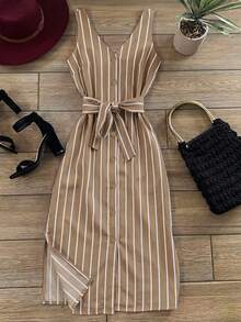 INAWLY Women's Striped Waist Tie Casual Daily Summer Travel Dress - Brown - View 4