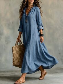 Trelyra Women's New Spring/Autumn V-Neck Casual Minimalist Mid-Length Dress - Blue - View 4