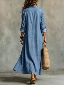 Trelyra Women's New Spring/Autumn V-Neck Casual Minimalist Mid-Length Dress - Blue - View 2
