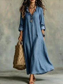 Trelyra Women's New Spring/Autumn V-Neck Casual Minimalist Mid-Length Dress - Blue - View 3