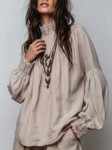 SHEIN Blus Wanita Kasual untuk Liburan dengan Kerah Tegak dan Motif Renda - Aprikot - View 5