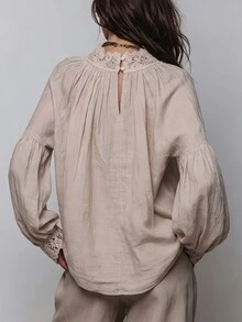 SHEIN Blus Wanita Kasual untuk Liburan dengan Kerah Tegak dan Motif Renda - Aprikot - View 3