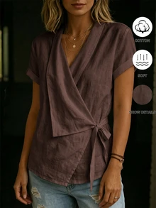 SHEIN 女款白色交叉V領前綁帶襯衫，度假風上衣 - 棕色 - 查看 7